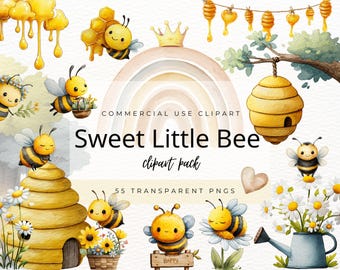 Little Bee Watercolor Clipart, Cute Bumblebee PNGs, Honey Bee Clip Art for Nursery Decor, Bee Birthday, Commercial Use, Digital Download