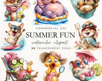 Funny Summer Animal Clipart, 36 PNG Watercolor Beach Animals, Cute Vacation Art for Stickers, Shirts & Crafts