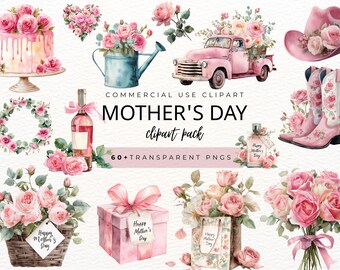 Happy Mothers Day Clipart, Watercolor Floral PNG bundle, Mom Gift, Vintage Feminine Clip art, Spring Wreath, Instant Download