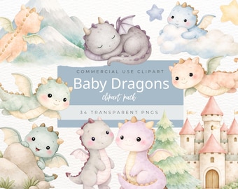 Dragon Watercolor Clipart - Whimsical Fantasy Dragons PNGs for Nursery Decor & Baby Shower, Instant Download