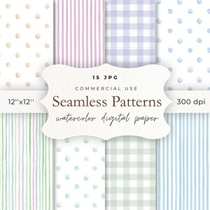 Akvarell sömlösa mönster, digitalt papperspaket med ginghamrandiga prickar för scrapbooking och babyshower
