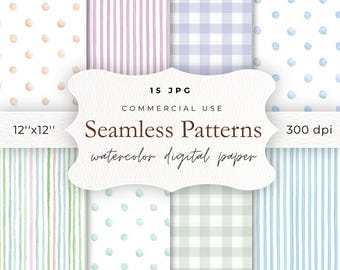 Watercolor Seamless Patterns, Gingham Stripe Polka Dot Digital Paper Bundle for Scrapbooking & Baby Shower