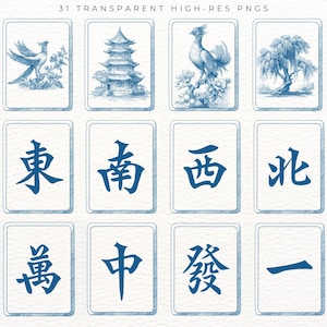 Pu&ograve; includere: Dodici illustrazioni blu e bianche su carte rettangolari. Le carte presentano immagini di uccelli, pagode e alberi, insieme a caratteri cinesi. Il testo "31 TRANSPARENT HIGH-RES PNGS" &egrave; in alto.