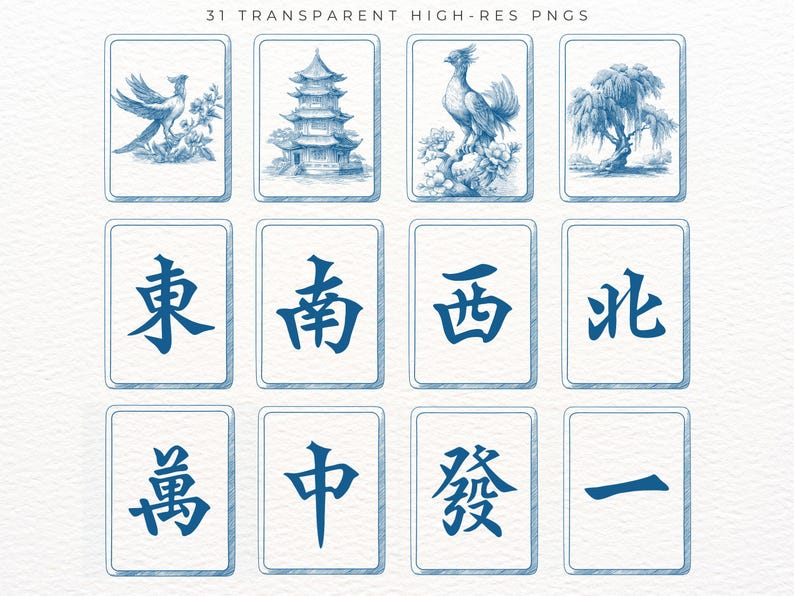 Pu&ograve; includere: Dodici illustrazioni blu e bianche su carte rettangolari. Le carte presentano immagini di uccelli, pagode e alberi, insieme a caratteri cinesi. Il testo "31 TRANSPARENT HIGH-RES PNGS" &egrave; in alto.