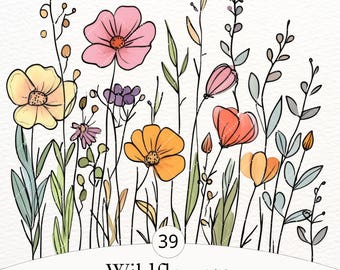 Sketched Wildflower Clipart Bundle, 39 Watercolor Cottagecore Floral PNGs for Botanical Branding