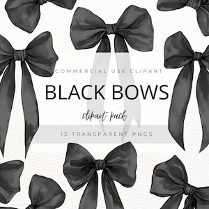Puede incluir: Conjunto de lazos negros de varios tamaños y estilos sobre fondo blanco. La imagen incluye el texto "BLACK BOWS clipart pack" y "13 transparent PNGs". Adecuado para proyectos de diseño digital.