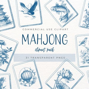 Könnte beinhalten: Eine Sammlung blau-weißer Mahjong-Clipart-Bilder. Jede Karte zeigt eine andere Illustration, darunter eine Pagode, ein Kranich, ein Fisch, ein Drache, Blumen, Vögel und eine Laterne. Der Text "MAHJONG clipart pack" ist ebenfalls enthalten.