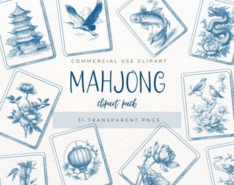 May include: A collection of blue and white Mahjong clipart images. Each card features a different illustration, including a pagoda, crane, fish, dragon, flowers, birds, and a lantern. The text "MAHJONG clipart pack" is also included.