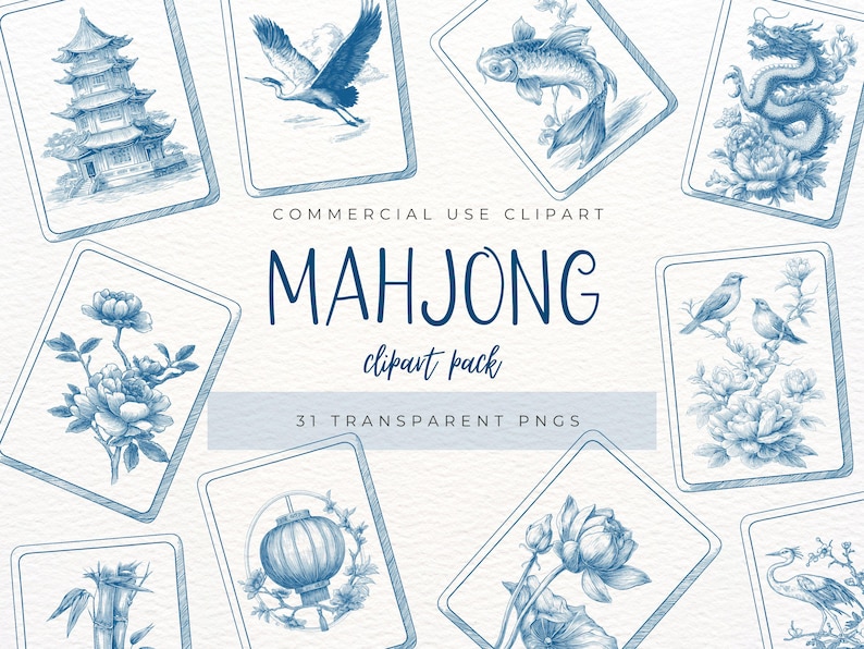 Pu&ograve; includere: Una collezione di immagini clipart di Mahjong blu e bianche. Ogni carta presenta un'illustrazione diversa, tra cui una pagoda, una gru, un pesce, un drago, fiori, uccelli e una lanterna. &Egrave; incluso anche il testo "MAHJONG clipart pack".