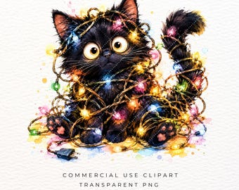 Funny Black Cat Watercolor Clipart, Cute Kitten PNG for Whimsical Holiday Printables