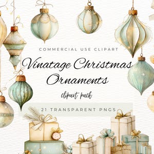Vintage Christmas Ornaments Clipart – Watercolor Holiday Decoration PNG Set, Classic Christmas Baubles Illustration, Digital Download