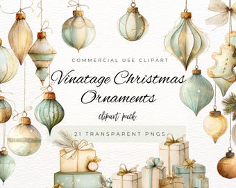 Vintage Christmas Ornaments Clipart – Watercolor Holiday Decoration PNG Set, Classic Christmas Baubles Illustration, Digital Download