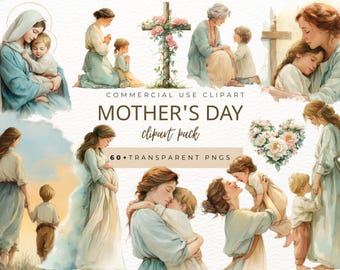 Christian Mother’s Day Clipart | Watercolor First Mothers Day PNG | Floral Wreath Frames, Scripture Phrases | Faith Graphics