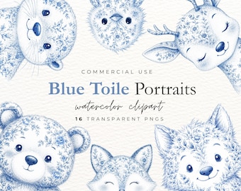 Blue Toile Woodland Animal Clipart Bundle, 16 Cute PNGs for Nursery Decor