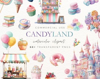 Pastel Candyland Watercolor Clipart, Sweet Treats PNG, Ice Cream, Cotton Candy, Lollipop, Macaron, Cupcake, Marshmallow, Commercial Use
