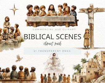 Biblical Scenes Clipart Bundle | Kid's Watercolor Bible Stories| Bible Characters PNGs | Christian Clipart | Sunday School, Faith Crafts