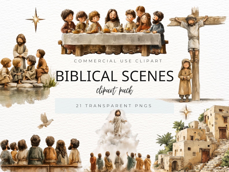 May include: A collection of watercolour clipart depicting biblical scenes. The images include the Last Supper, Jesus on the cross, and other religious figures. The text "BIBLICAL SCENES" and "clipart pack" are visible.