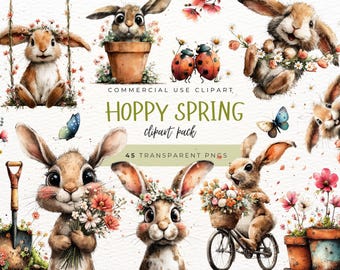 Spring Bunny Watercolor Clipart, Whimsical Rabbit PNGs, Spring Flowers, Garden Elements, Sublimation, Scrapbooking, Commercial Use