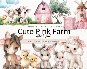 Cute Farm Animals Clipart, Watercolor Pink Farm, Pastel Barn, Nursery Birthday PNG, Instant Download
