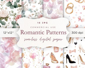 Naadloos papierpakket met aquarel- en romantische trouwpatronen, elegante bloemen- en bruidsmotieven voor digitale scrapbooks.