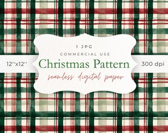 Naadloos kerstruitpatroon, digitaal papier met aquarel tartanmotief, rood-groen kerstpatroon, ontwerp voor feestelijke stof en inpakpapier