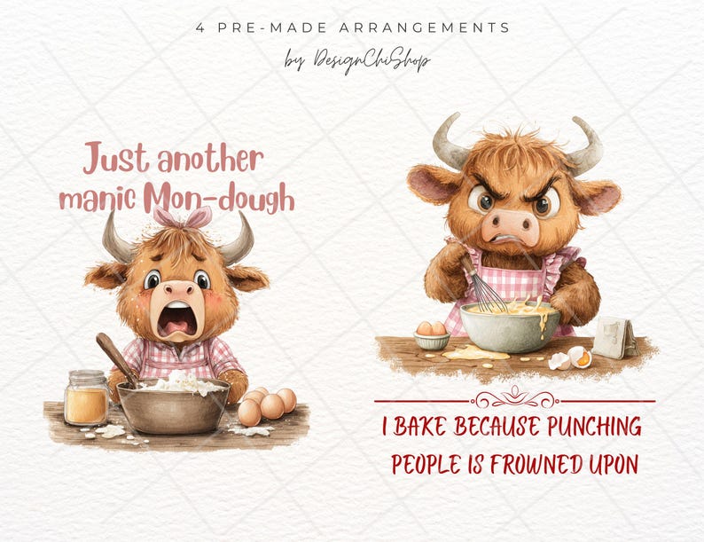 Funny Highland Cow Clipart Bundle, Baking, Knitting & Gardening PNG ...
