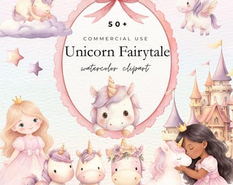 Watercolor Unicorn Clipart - Cute Unicorns & Princess PNG, Storybook Baby Shower, Pastel Nursery, Digital Download