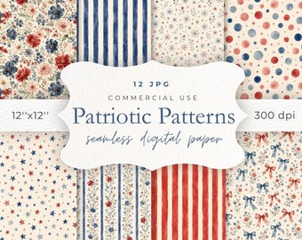 Vintage Patriotic Seamless Patterns, Watercolor 4th of July Digital Paper Bundle, Rustic Red White and Blue Americana Textures