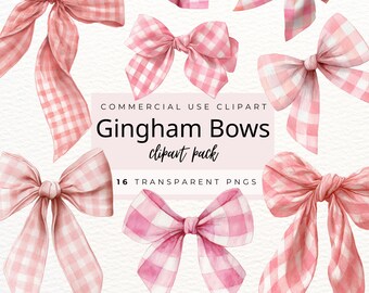 Watercolor Gingham Bow Clipart, 16 Pastel Coquette Checkered Bow PNGs for Scrapbooking, Digital Download