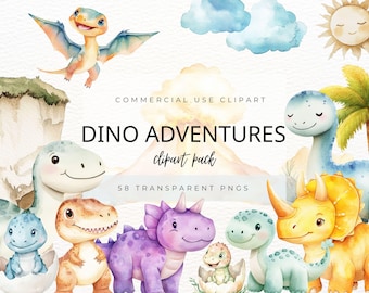 Cute Dinosaur Watercolor Clipart Set, Dino Birthday Party Decor, Baby Dinosaur PNGs, Nursery Wall Art, Instant Download, Commercial Use