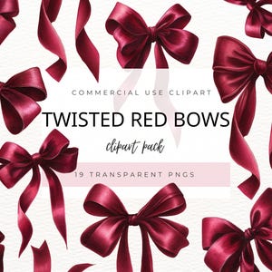 Puede incluir: Ilustración digital de lazos y cintas rojas retorcidas. La imagen muestra varios diseños de lazos con cintas fluidas, perfectos para proyectos de arte digital. El texto dice "Twisted Red Bows" y "clipart pack".