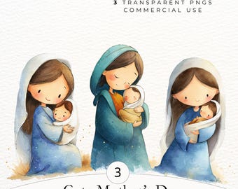 Cute Mothers Day Clipart, Watercolor Mama PNG, Mother and Baby Nursery Art, Religious Crafts