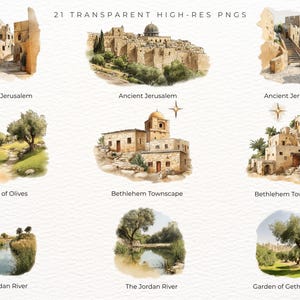 May include: Watercolour illustrations depicting ancient Jerusalem, Bethlehem, and the Jordan River. The images feature townscapes, landscapes, and architectural details. The text at the top reads "21 TRANSPARENT HIGH-RES PNGS".