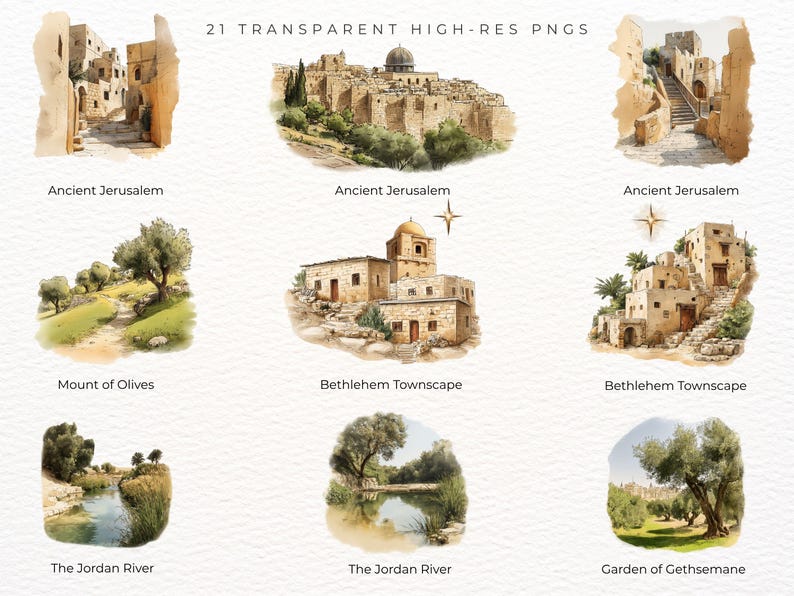 May include: Watercolour illustrations depicting ancient Jerusalem, Bethlehem, and the Jordan River. The images feature townscapes, landscapes, and architectural details. The text at the top reads "21 TRANSPARENT HIGH-RES PNGS".