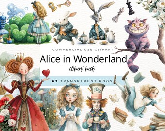 Alice in Wonderland Watercolor Clipart - 63 PNG Graphics for Junk Journals, Tea Party Decor, and Whimsical Scrapbooking - Digital Download