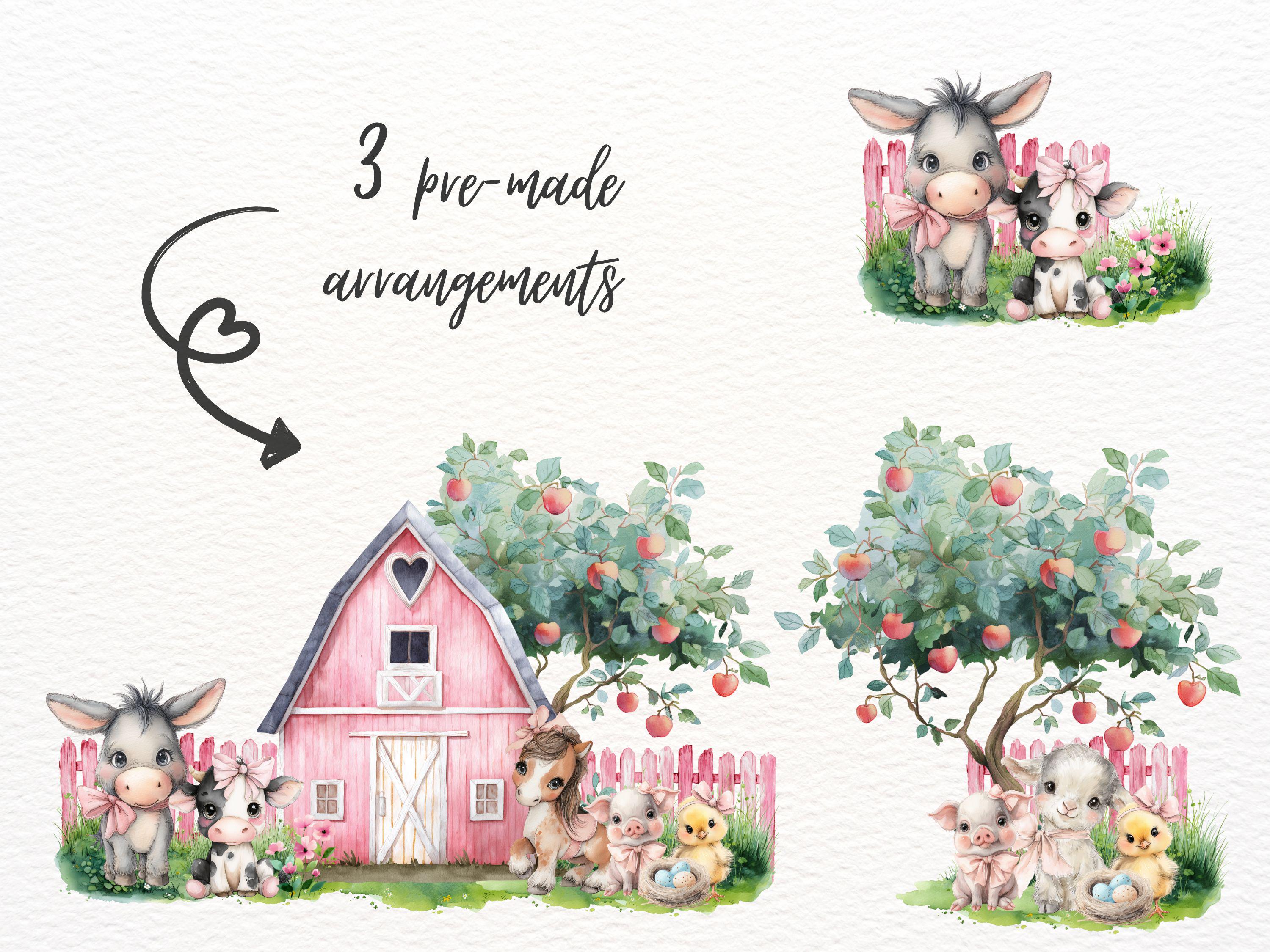 Cute Farm Animals Clipart, Watercolor Pink Farm, Pastel Barn, Nursery ...