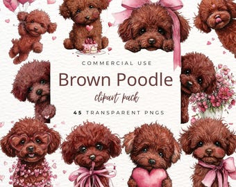 Brown Toy Poodle Clipart - Watercolor Puppy PNGs for Valentine Sublimation and Dog Lover Gifts