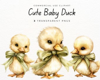 Vintage Watercolor Baby Duck Clipart | Cute Ducklings with Sage Green Bows PNG | Coquette Nursery Art, Commercial Use
