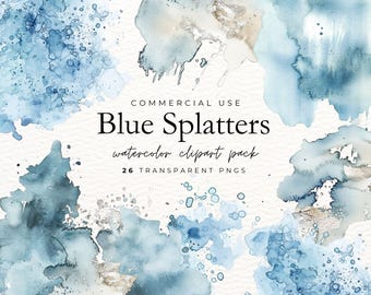 Dusty Blue and Silver Watercolor Splatter Clipart, Splash Background PNGs for Wedding Branding and Wellness Logo Design