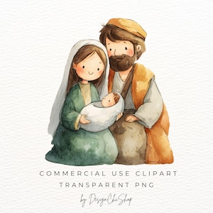May include: A watercolour illustration of a family, with a mother in a green dress and a father in a brown robe, holding a baby wrapped in white. The image includes the text "COMMERCIAL USE CLIPART TRANSPARENT PNG by DesignChiShop".