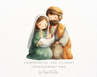 Watercolor Nativity Clipart, Holy Family PNG, Christmas Story, Bible Stories, Baby Jesus, Mary and Joseph, Digital Download, Commercial Use