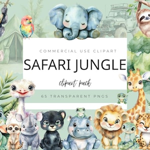 Bundle de cliparts PNG animaux de la jungle aquarelle, clipart animal de safari mignon, décoration de chambre d&#39;enfant, baby shower, anniversaire sauvage, décoration de safari dans la jungle