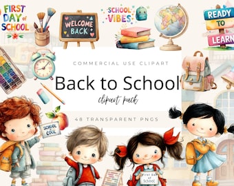 Terug naar school afdrukbare clipartbundel, schattige kawaii school clipart, school leren briefpapier, schoolbenodigdheden png-set, commercieel gebruik