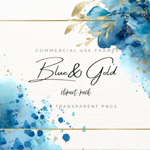Può includere: Un design di arte digitale con elementi floreali blu e oro ad acquerello. Il testo "Blue & Gold" è scritto in elegante corsivo, con "clipart pack" sotto. Il design include "5 PNG trasparenti" e "Commercial Use Frames".