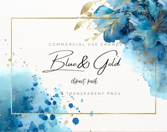 Blue Floral Frame Clipart, Watercolor Abstract Floral Border PNGs, Elegant Gold Digital Frames, Scrapbook & Invitation Art, Commercial Use