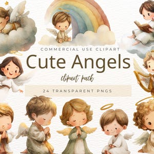 Op de afbeelding: Een verzameling aquarel illustraties met schattige engelen met halo's en vleugels. De afbeeldingen tonen engelen die lezen, harp spelen en bidden. De tekst "Cute Angels clipart pack" is ook zichtbaar.