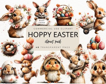 Happy Easter Bunny Clipart, Funny Easter Chicks & Bunnies PNG, Cute Watercolor Rabbit, Digital Download, Commercial Use