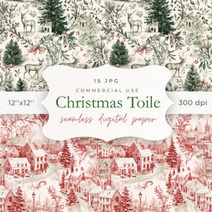以下が含まれることがあります： クリスマス・トワル柄の15枚のJPGファイルを含むデジタルペーパーセット。上部はクリーム色の背景に緑の鹿、木、家が描かれています。下部は赤い冬の村の風景です。テキストには12x12、300 dpi、Commercial Useと記載されています。
