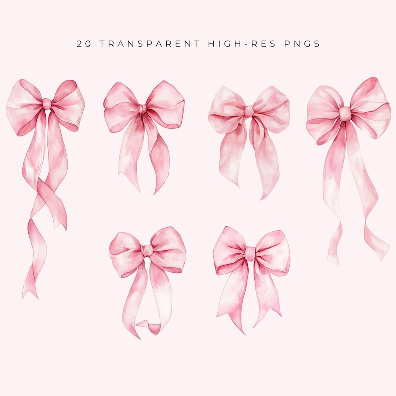 Clipart de lazo rosa, gráficos de lazo de acuarela rosa, lazo rosa pastel suave PNG digital, clip art de lazo de acuarela, descarga instantánea imagen 3