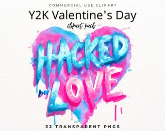 Y2K Glitch Valentijn Clipart Bundel – Meer dan 30 aquarel PNG's, pixelhartjes, VHS-ruis, cyberpunkteksten, gaming liefdesafbeeldingen